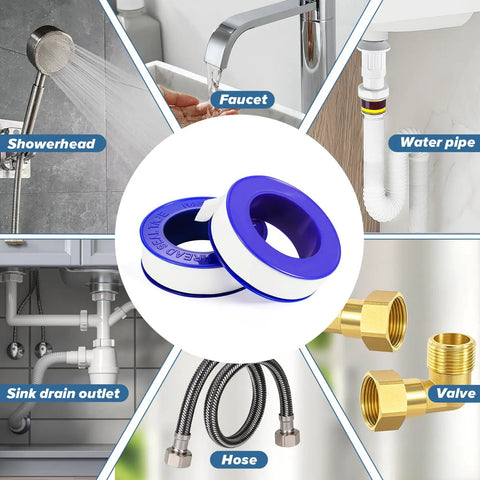 Premium PTFE Plumbers Tape 6 Roll Pack Teflon Thread Seal Tape High Density Sealant For Shower Heads And Water Pipes Must Have Leak Proof Half Inch By 394 Inch Each Roll image showing tape with plumbing applications
