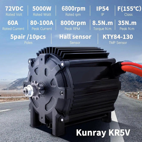 Close-up of 72V 5000W Brushless DC Motor for Go Karts with copper core, showcasing 6800 RPM, 8.5 N m torque, IP54 rating, and hall sensor.