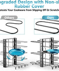 Heavy Duty Adjustable Pots And Pans Organizer Under Cabinet With Anti Slip Rubber Dividers Tight Fit Home Kitchen Storage Rack showcasing adjustable design and non-slip rubber cover for cookware protection.