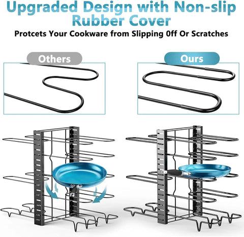 Heavy Duty Adjustable Pots And Pans Organizer Under Cabinet With Anti Slip Rubber Dividers Tight Fit Home Kitchen Storage Rack showcasing adjustable design and non-slip rubber cover for cookware protection.