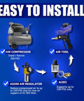 Diagram showing air compressor, air tool, regulator, and Inline Moisture Separator and Air Dryer With Push Button Drain Valve 1/4 NPT
