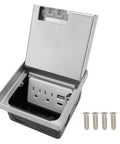 Slick Recessed Floor Outlet With Dual Usb A And C Ports Heavy Duty Flush Mount Electrical Receptacle Box Kit For Carpet Tile Or Marble Floors No Sweat Plug And Go Installation with open cover and screws.