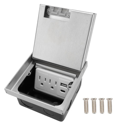 Slick Recessed Floor Outlet With Dual Usb A And C Ports Heavy Duty Flush Mount Electrical Receptacle Box Kit For Carpet Tile Or Marble Floors No Sweat Plug And Go Installation with open cover and screws.