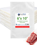Clear 6x10 Inch 3 Mil Chamber Vacuum Sealer Bags, 500 Pack, Pre-Cut Pouches with Tear Notch, BPA-Free, shown with sealed contents