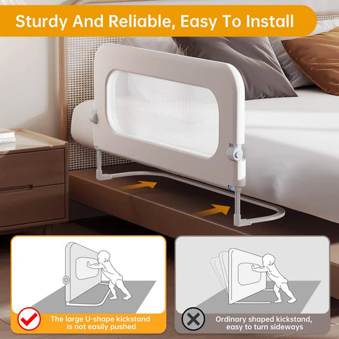 Toddler Bed Rail Guard With 14 Height Adjustable And Swing Down Design shown installed on a bed with U-shaped kickstand and mesh panel.