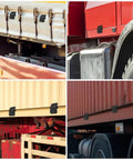 Collage of black beefy heavy duty weldable trailer door hinges attached to various truck and trailer sides.