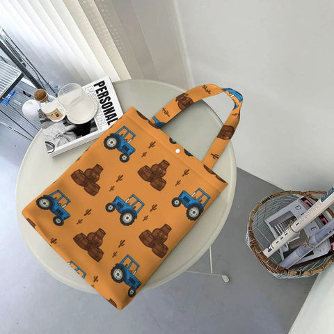 Blue Farm Tractor Aesthetic Canvas Tote Bag For Women And Girls Reusable Grocery Shopping Shoulder Tote For Work Travel And Books Durable Easy Clean High Density Canvas Carryall Must Have Everyday Tote on round white table