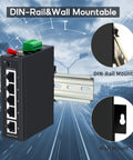Built Tough 5 Port Industrial DIN Rail Ethernet Switch With 4 Ports And 1 Uplink, 10 100 Mbps Fast Ethernet, visualized with mounts