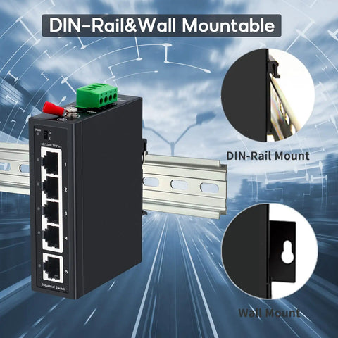 Built Tough 5 Port Industrial DIN Rail Ethernet Switch With 4 Ports And 1 Uplink, 10 100 Mbps Fast Ethernet, visualized with mounts