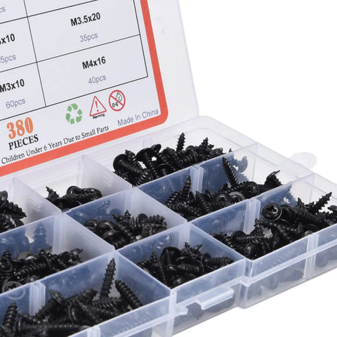 380 Pieces Self Tapping Screws Kit Black Carbon Steel Round Head Self Drilling Screws With Washers set in plastic box