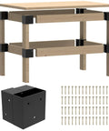 Heavy Duty 3 Way Workbench Corner Bracket Kit For Garage Legs Fits 2x4 Wood Actual One Point Five By Three Point Five Inches Durable Metal DIY Kit For Shelving And Work Tables Rust Resistant 8 Pcs Set shown assembled