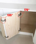 Knockout Durability One Pair 175 Degree Concealed Cabinet Hinges shown on a wood cupboard door at 135 and 175 degrees.
