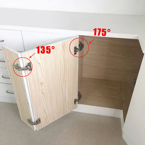 Knockout Durability One Pair 175 Degree Concealed Cabinet Hinges shown on a wood cupboard door at 135 and 175 degrees.