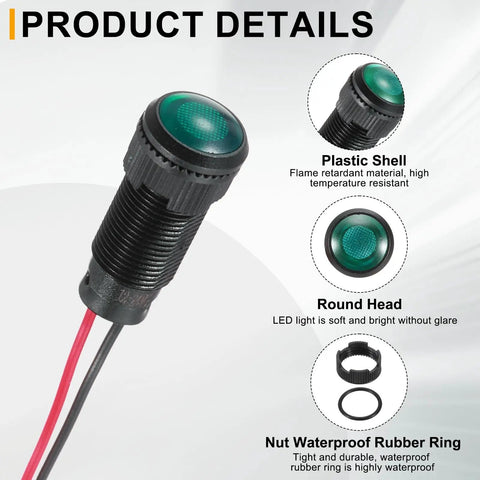 Product details of Green LED Indicator Light Pack Of Five 10mm Round Head 12V-24V AC/DC Waterproof IP67 Signal Lamp with plastic shell.
