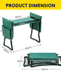 Garden Kneeler And Seat Foldable Bench With Soft EVA Foam Pad For Comfort All In One Outdoor Stool For Gardening Fishing And Camping Two Tool Pouches Included Green, dimensions shown as 23.6 x 19.3 x 10.6 inches expanded and 22.8 x 10.6 x 3.9 inches folded