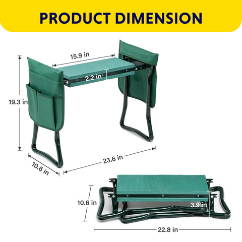 Garden Kneeler And Seat Foldable Bench With Soft EVA Foam Pad For Comfort All In One Outdoor Stool For Gardening Fishing And Camping Two Tool Pouches Included Green, dimensions shown as 23.6 x 19.3 x 10.6 inches expanded and 22.8 x 10.6 x 3.9 inches folded