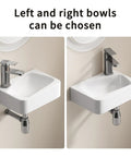 Two angles of HAOCHRYSYPH Ceramic Wall Mount Bathroom Sink, Milk White, 14.18x10.24 in, showing bowl orientation options.