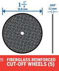Fiberglass Reinforced Cut Off Wheel One And One Quarter Inch Diameter 0.045 Inch Thick Black For Metal Rotary Tools Cutting