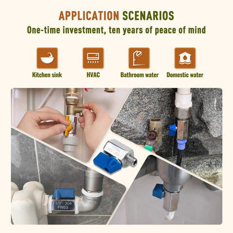 Application scenarios for Four Pack 1/2 NPT Mini Ball Valves In 304 Stainless Steel, used in kitchen, HVAC, bathroom, domestic water.