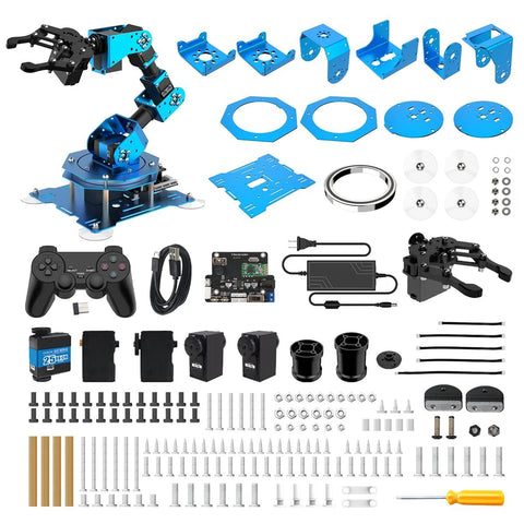 Blue metal 6-DOF robotic arm kit with base, gripper, and wireless controller plus assorted plates and screws.