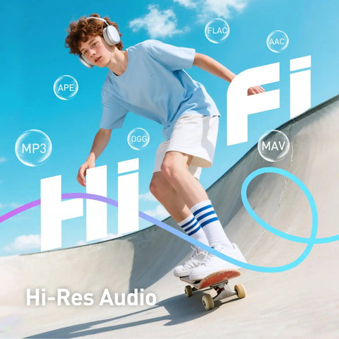 Young boy skateboarding with headphones, visuals of music formats, representing Kid Friendly MP3 Player With Bluetooth And WiFi 4 Inch Screen Music Player With Parental Controls Spotify Kids Compatible Expandable To 512GB Black Ideal For Long Trips And Busy Parents Great For Music Learning And Screen Time Balance.