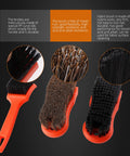 Three Piece Car Detailing Brush Kit with Microfiber Interior Brush and Tire Cleaning Brush, red handles, close-up of bristles