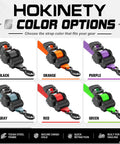 Retractable Ratchet Tie Down Straps Offer Extra Wide Two Inch Webbing With Quick Handle Rewind For Zero Slack Feel in six colors including black, orange, purple, gray, red, and green.