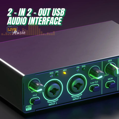 Two Channel USB Audio Interface For PC Mac And Laptop, 24Bit 192kHz Recording, front view with controls and 48V phantom power display.