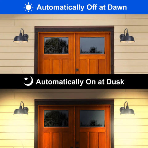 Dusk To Dawn Outdoor Wall Sconces With Sensor above double doors, one lit at night, one off during day, black and gold matte finish.
