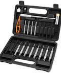 22-Piece Punch and Hammer Set With Interchangeable Hammer Heads, Steel Roll Pin Punch Set, storage case open showing tools