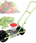 No Fuss Manual Seed Planter For Garden Use, green and red adjustable 2 to 6 row seeder, with background of vegetables and peas