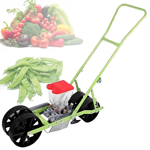 No Fuss Manual Seed Planter For Garden Use, green and red adjustable 2 to 6 row seeder, with background of vegetables and peas