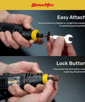 Two hands holding rotary tool from Rotary Tool Kit With 40 Piece Accessory Set Including Diamond Point Bits And Carry Case Variable Speed 8000 To 30000 RPM 120V For Cutting Grinding Polishing And Sanding Your Go To DIY Setup For Home Projects showing how to attach polishing pad and lock button.