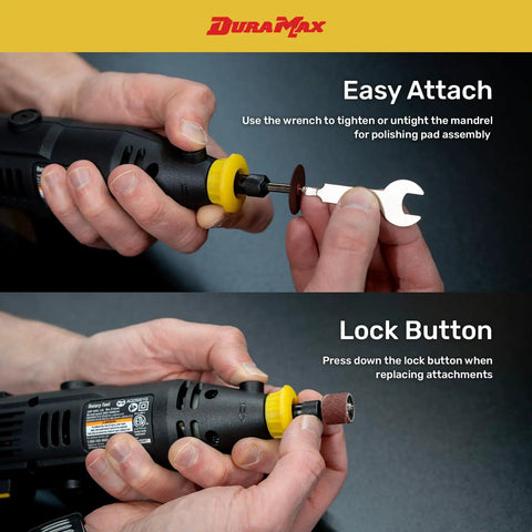 Two hands holding rotary tool from Rotary Tool Kit With 40 Piece Accessory Set Including Diamond Point Bits And Carry Case Variable Speed 8000 To 30000 RPM 120V For Cutting Grinding Polishing And Sanding Your Go To DIY Setup For Home Projects showing how to attach polishing pad and lock button.