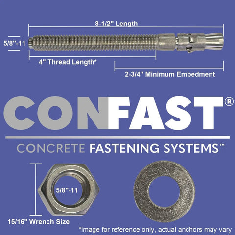 Beefy Five Eighth Inch By Eight And A Half Inch Wedge Anchor Zinc Plated For Concrete In Dry Environments Heavy Duty Fastener With Corrosion Resistant Design Box Of Twenty For Pro Repairs And Rugged Installations diagram and components view.