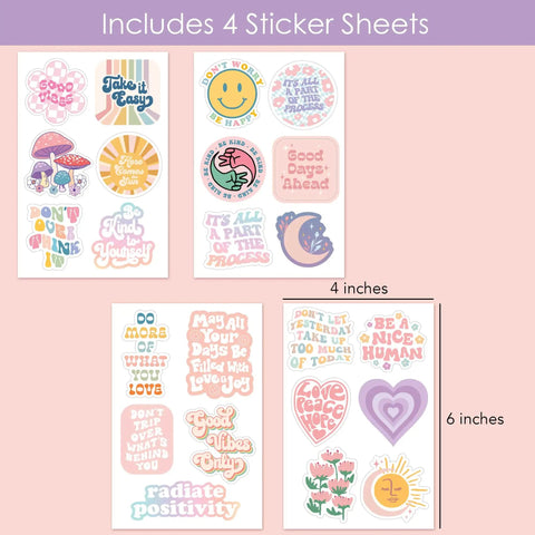 Pastel Danish Wall Collage Kit With 70 Cards For Aesthetic Pictures And Teen Room Vibe For Girls Dorm Decor 4x6 Inch Cardstock Posters Plus Bonus 23 Waterproof Vinyl Stickers For Laptops And More; four 4x6 inch pastel sticker sheets with motivational quotes.