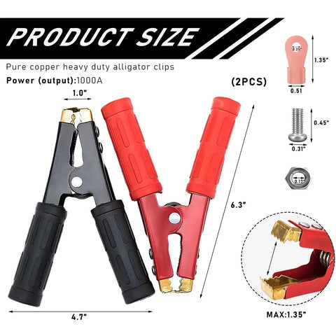 Heavy Duty Insulated Alligator Clips For Battery Jumper Cables High Amp Crocodile Clamps, black and red, 6.3 x 4.7 inches.