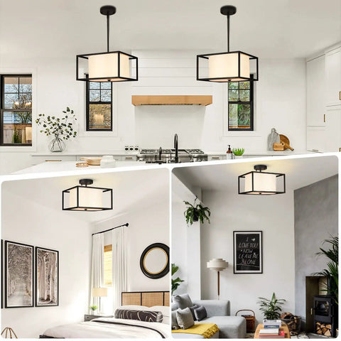 Dope Modern Semi Flush Mount Ceiling Light With Fabric Drum Shade And Black Metal Frame in kitchen, bedroom, and living room.