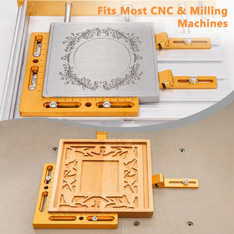 CNC Positioning Side Clamps Aluminum Heavy Duty Low Profile Vise on T Slot Table with engraved metal and wood samples