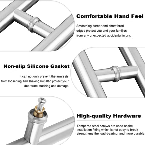 16 Inch Sliding Glass Shower Door Handle Back To Back Pull in SUS304 Stainless Steel Brushed Nickel Finish close-up showing gaskets and screws.