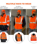 High Visibility Reflective Thermal Jacket Set With Rain Shell And Zip Off Sleeves, 4 In 1 Winter Coat For Extreme Cold shown in 3 styles