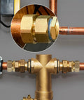Real Solid 3/4 Inch Brass Pipe Union Fittings Three Pack Copper To Male Thread Sweat Plumbing Connectors installed on copper pipes.