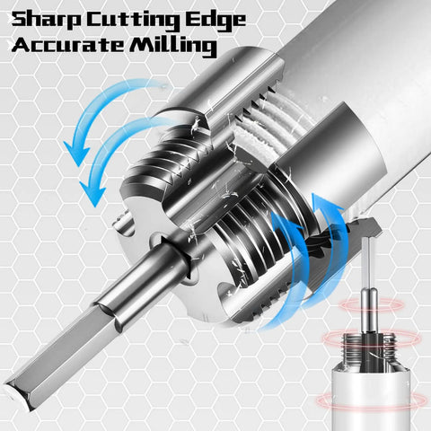 Close-up of Pro Grade All In One Pipe Thread Cutting Tool With Integrated Internal And External Threading PVC PPR MPP Tubing Electric Drill Compatible Threader Kit.