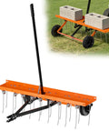 40-Inch Tow Behind Dethatcher With 20 Rust-Proof Tines And Heavy-Duty Tires, shown with weights for efficient lawn care.