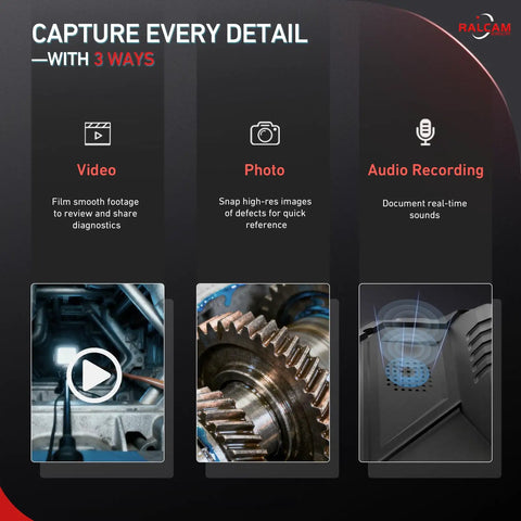 Two Way Articulating Borescope Inspection Camera With Crisp Screen And Precision Zoom For Street Smart Mechanics Hvac Techs And Garage Crews To Roll Up Their Sleeves And Snag Hidden Damage In Pipes Or Tight Spots Without Breaking A Sweat showing video and photo capture options.