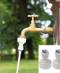 Two Pack Three Quarter Inch FNPT To One Quarter Inch OD Quick Connect Fittings Garden Hose Adapter installed on outdoor faucet