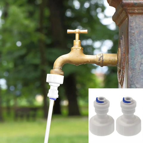 Two Pack Three Quarter Inch FNPT To One Quarter Inch OD Quick Connect Fittings Garden Hose Adapter installed on outdoor faucet