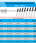 800Pcs Black Pop Rivets Kit With Large Flange Rivets Assortment 7 Large Head Sizes And 8 Small Head Sizes in aluminum chart
