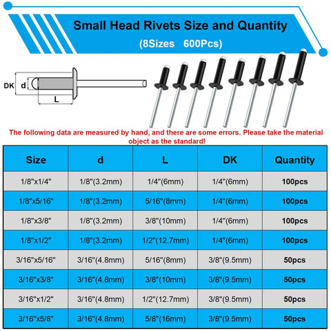 800Pcs Black Pop Rivets Kit With Large Flange Rivets Assortment 7 Large Head Sizes And 8 Small Head Sizes in aluminum chart