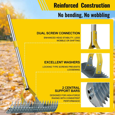 2 In 1 Thatch Rake And Leaf Rake Stainless Steel Lawn Dethatcher With 19 Tines And 15 Inch Wide Head, reinforced features